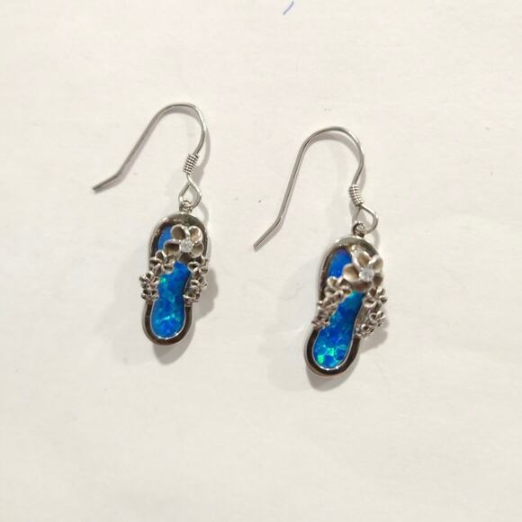 925 Sterling Silver Flip Flop Flower Dangle Drop Earrings Blue Opal Inlay Beach - Picture 3 of 7